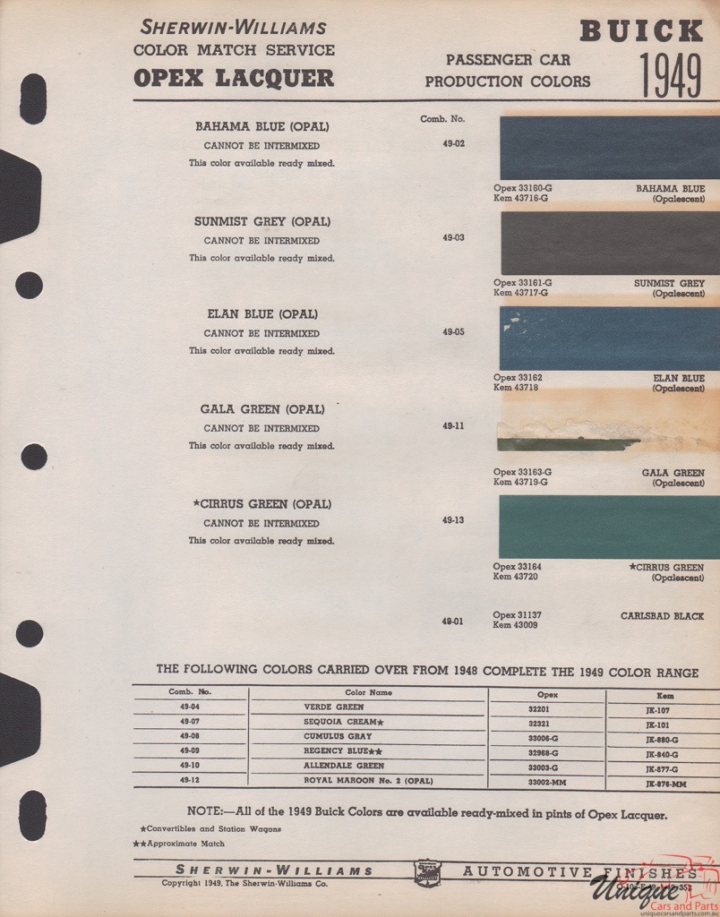 1949 Buick Paint Charts Williams 1